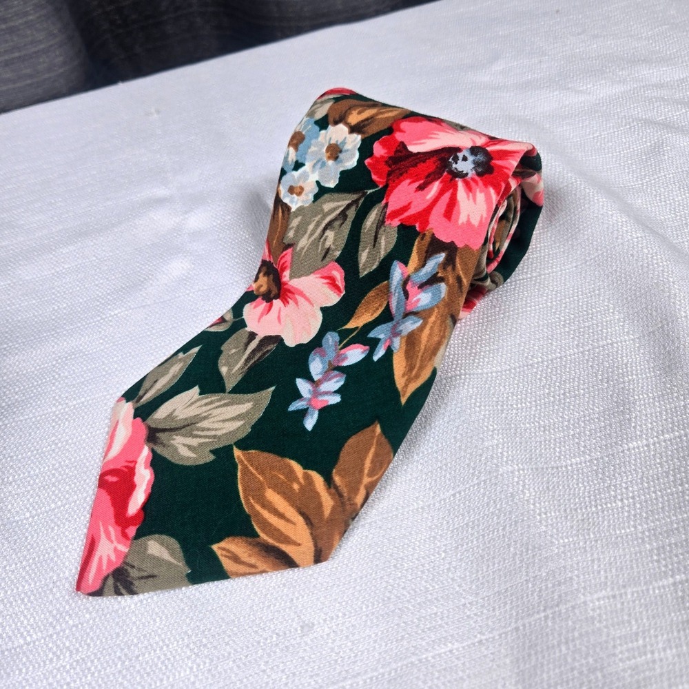 Vtg John Weitz Floral Silk Tie Dark Green Pink Flower Filene's Basement NWT